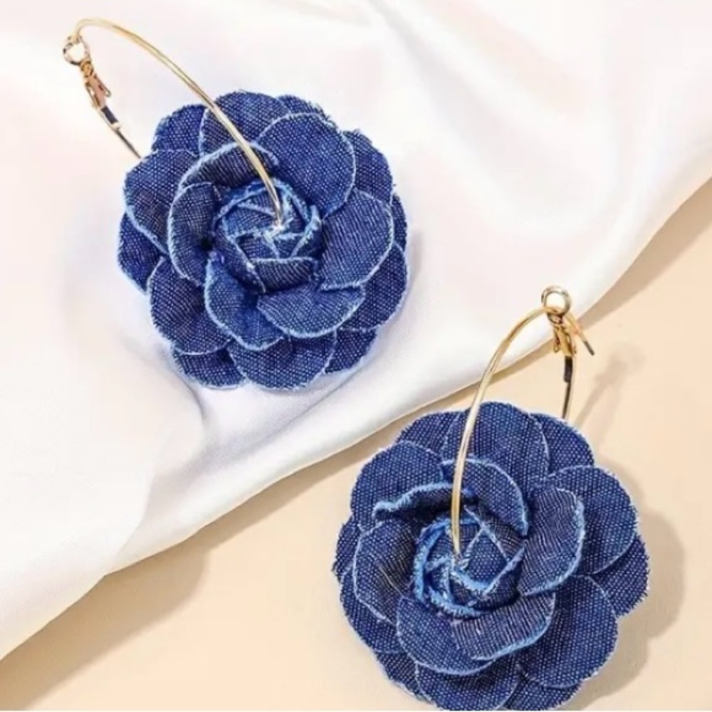 Gorgeous Denim Rose Hoop Earrings - Picture 2 of 4